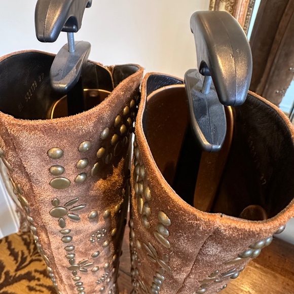 AUTHENTIC Saint Laurent *Ella* Studded Brown Suede Knee Boots IT 37/US 7 - Picture 15 of 16